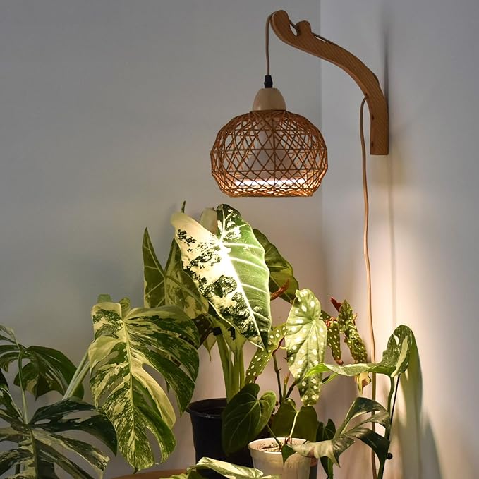 Bstrip Hanging Grow Lights for Indoor Plants, 18W Full Spectrum, Boho Rattan Lantern Shade, 3800K Wall-Mounted Decorative Plant Light with 9.8FT Power Cord, Ideal for Tall Plants, Flowers