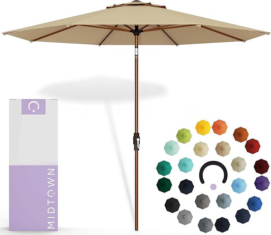 Midtown Umbrellas Sunbrella Umbrella Large Patio Umbrella 2-10 Feet Heather Tan Fabric, Auto-Tilt Aluminum Frame Backyard Umbrella, Deck Umbrella, Garden Umbrella & Porch Umbrella - Wooden Pole
