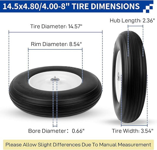 14.5'' Wheelbarrow Tires, 4.80/4.00-8 Solid Flat Free Tire Wheel with 3/4" & 5/8" Bearing, 3"-7'' Hub, Universal Replacement Solid Tire for Hand Truck/Utility Cart Fits 3.50/2.50-8, 4.00-6