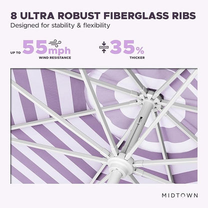 Midtown Umbrellas The Swilt 8 Feet Patio Umbrella in Terylast Midtown Stripes Purple/White Polyester Fabric - Fiberglass Ribs, Auto-Tilt Aluminum Frame For Backyard, Deck, Garden, Pool - White Pole