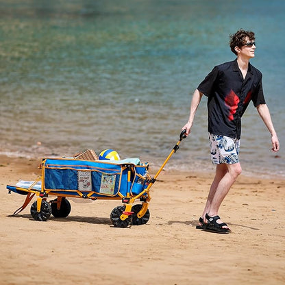 Old Bahama Bay 550lbs Extra Long 49" L Beach Wagon with Big Wheels with Brake for Sand, Collapsible Utility Beach Cart Heavy Duty Folding Wagon,Ideal for Outdoor Sand Camping Garden Pet