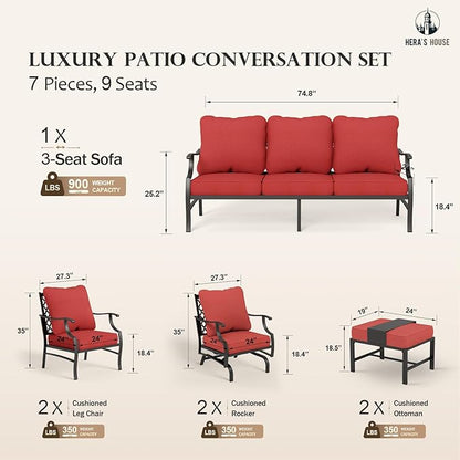 HERA'S HOUSE 7 Piece Patio Furniture Set, 2 x Rocking Chair, 2 x Fixed Chair, 2 x Ottoman, 1 x 3-Seat Sofa, All Cushioned 9 Seats Metal Outdoor Conversation Set for Lawn Garden Backyard