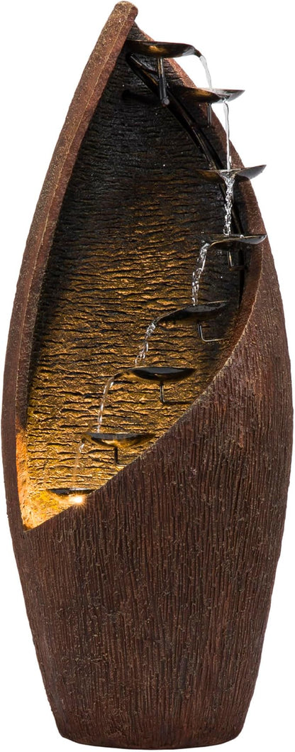 Alpine Corporation GIL122 43" Outdoor Floor Contemporary Tiered Bronze Metal Water Fountain with LED Lights, Stylish Outdoor Water Feature for Garden and Patio Décor, Brown