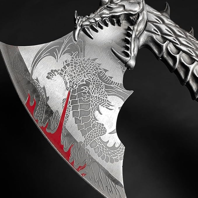 14.5" Fantasy Dragon Axe Wtih Wood Stand, Gift for Xmas, Home Tabletop Decoration