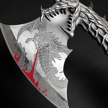 14.5" Fantasy Dragon Axe Wtih Wood Stand, Gift for Xmas, Home Tabletop Decoration