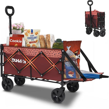 Collapsible Tailgate Wagon with Wheels, Compact Size Folding Utility Cart, 380LBS Capacity for Garden, Grocery, Beach, Camping – Portable Heavy Duty Cart(Brick Dot)