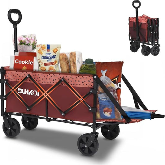 Collapsible Tailgate Wagon with Wheels, Compact Size Folding Utility Cart, 380LBS Capacity for Garden, Grocery, Beach, Camping – Portable Heavy Duty Cart(Brick Dot)