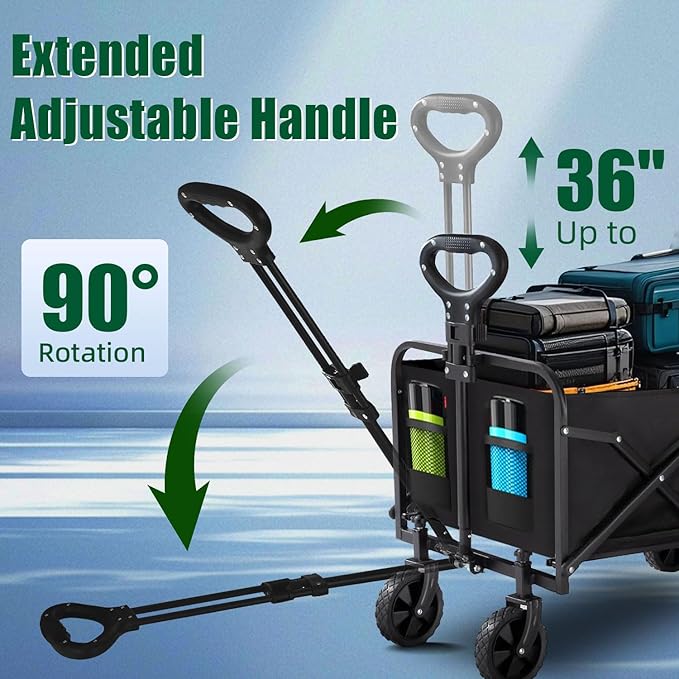 Collapsible Wagon Cart Foldable with Tailgate, 47" L 480lbs Capacity, Heavy Duty Beach Wagon with Wheels Brake, Shopping Carts for Grocery, Camping, Beach, Garden Cart