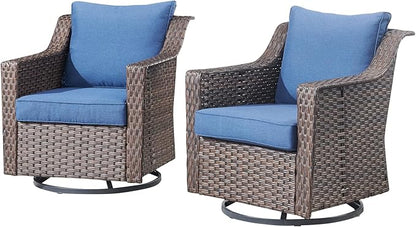 Outdoor Patio Wicker Swivel Chairs - Set of 2 Outside Resin Rattan Rocker Glider Gliding Chair Rocking Armchairs for Front Porch Balcony Backyard Yard Deck Poolside Apartment – Brown/Blue