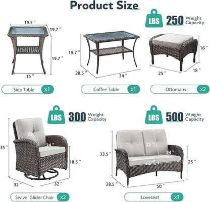 7 Piece Patio Furniture Set - Wicker Patio Conversation Set with Swivel Glider, Loveseat Bench, 2 Ottomans, Glass Side Table and Coffee Table for Deck Backyard - Brown Wicker Beige Cushion