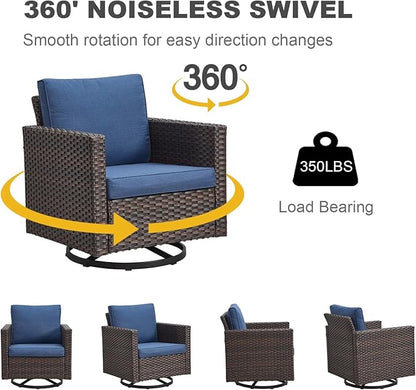 Wicker Outdoor Swivel Chairs Set of 4 with Fire Pit Table, 5 Pieces Patio Furniture Set with Fire Pit Table for Yard, Deck, Garden, Brown/Blue