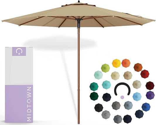 Midtown Umbrellas The Wooden 10 Feet Patio Umbrella With Sunbrella HeaMidtown Umbrellas Ther Tan Acrylic Fabric - Aluminum Frame Market Umbrella For Backyard, Deck, Garden, Pool - Wooden Pole