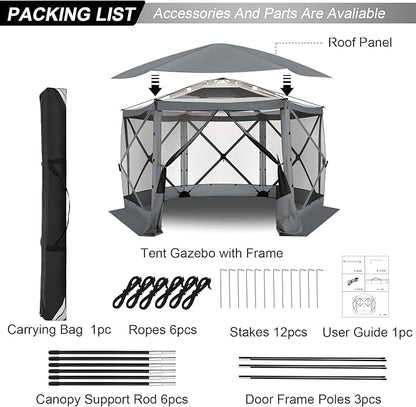 COBlZl Pop Up Gazebo 12x12 Screen House Tent for Camping, Outdoor Instant Stargazing Gazebo Canopy with Awning 2.0, Portable Hub Tent with Mosquito Netting, Pavilion for Backyard,Gray