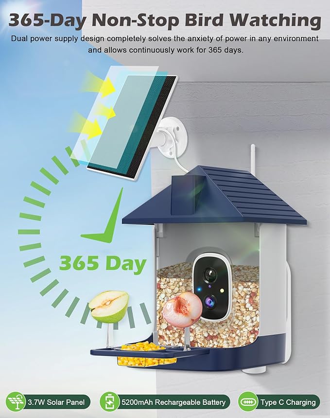Smart Bird Feeder with Camera Solar Powered, 2.5K Live Video Bird House Camera, AI Identifies, Auto Capture & Notify, Motion Detection, Cloud Storage, Color Night Vision, Ideal Gift for Bird Watching