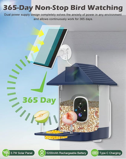 Smart Bird Feeder with Camera Solar Powered, 2.5K Live Video Bird House Camera, AI Identifies, Auto Capture & Notify, Motion Detection, Cloud Storage, Color Night Vision, Ideal Gift for Bird Watching