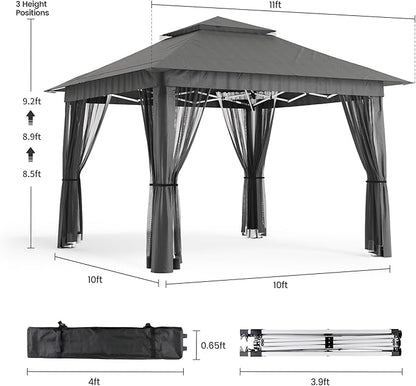 Bealife 11x11 Pop Up Gazebo Tent with Mosquito Netting, Outoor Canopy Tent with 4 Sandbags, 8 Stakes, 4 Ropes, Roller Bag, Pop Up Canopy Tent for Lawn Backyard Garden Deck, Grey