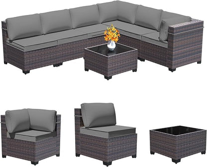 Outdoor Patio Furniture Set, 7 Pcs Outdoor Furniture All Weather Patio Sectional Sofa PE Wicker Modular Conversation Sets with Coffee Table,6 Chairs & Seat Clips Grey