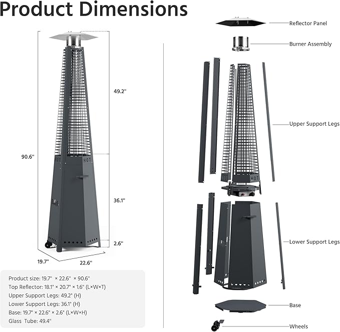 LAUSAINT HOME Hexagon Pyramid Patio Heater, 48,000 BTU Outdoor Patio Heater All Stainless Steel, Upgraded Quartz Glass Tube Propane Heater for Backyard Commercial, Tip-Over Protection, Cover & Wheels