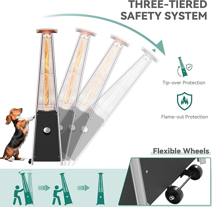 YITAHOME Pyramid Patio Heater with Quartz Flame Tube, 42,000–48,000 BTU Outdoor Propane or Gas Heater with Wheels and Cover, and Auto Shut-Off Protection for Backyards, Gardens, Bars, Black