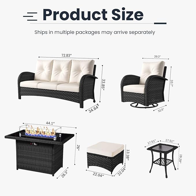 10 Pieces Patio Furniture Sets with Fire Pit Table, Wicker Rattan High Back Outdoor Swivel Rocking Chairs Set with 3-Seat Couch, Ottomans and Side Table