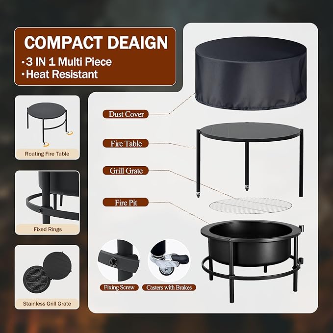 Fire Pits for Outside Wood Burning, Extra Large Outdoor Fire Pit with Grill and Roating Table, Cold Finished Steel Round Firepit Bowl with Poker and Round Waterproof Cover for Patio, Backyard, Garden