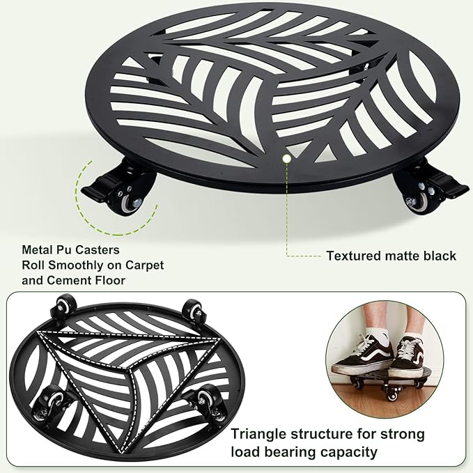 Planterhoma 2 Packs 16 Inch Extra-Large Metal Plant Caddy with Wheels - Heavy-Duty Iron Rolling Plant Stand - 360 Locking Wheels - Indoor/Outdoor - Black