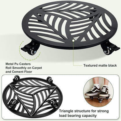 Planterhoma 2 Packs 16 Inch Extra-Large Metal Plant Caddy with Wheels - Heavy-Duty Iron Rolling Plant Stand - 360 Locking Wheels - Indoor/Outdoor - Black