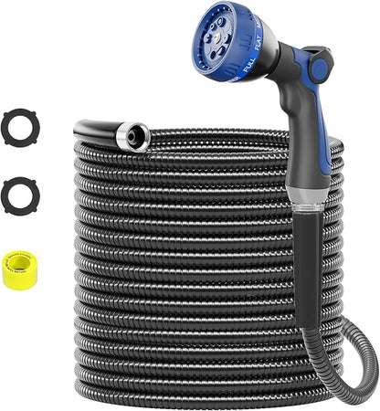 SPECILITE 75ft 304 Stainless Steel Garden Hose Metal, Heavy Duty Water Pipe with Nozzles for Yard, Outdoor - Flexible, Never Kink & Tangle, Puncture Resistant (Black)