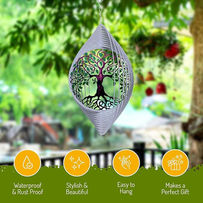 ISEO Tree of Life Wind Spinner for Yard and Garden, Hanging Outdoor Decor, Yard Art, Porch and Patio Decorations, Metal Wind Spinners Outdoor, Weather Resistant, 15”