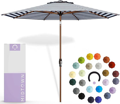 Midtown Umbrellas Wooden 2-8 Feet Outdoor Patio Umbrella, Terylast Navy & White Stripes Fabric, Aluminum Frame For Backyard Umbrella, Deck Umbrella, Garden Umbrella & Pool Umbrella - Wooden Pole