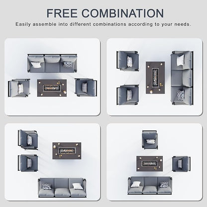 4 Pieces Patio Conversation Sets, All Weather Metal Outdoor Furniture Set, 3-Seater, 2 Single Chairs, 1 Fire Pit Table for Backyard Garden Deck Porch Poolside, Gray