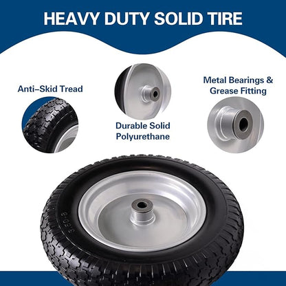 4.80/4.00-8 Tire, 14.5" Flat Free Wheelbarrow Tire and Wheel, 5/8" 3/4" Bearings Solid Replacement Tires, 3" -7" Centered Hub, Universal Fit 3.50/3.00-8, 4.00-6 Trolley Dolly Go Kar, 1 Pack