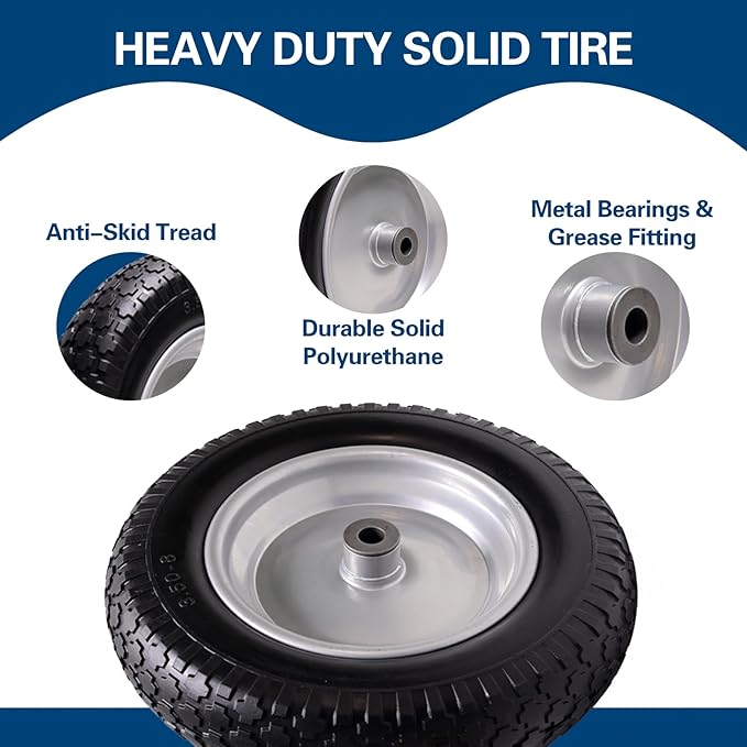 4.80/4.00-8 Tire, 14.5" Flat Free Wheelbarrow Tire and Wheel, 5/8" 3/4" Bearings Solid Replacement Tires, 3" -7" Centered Hub, Universal Fit 3.50/3.00-8, 4.00-6 Trolley Dolly Go Kar, 2 Pack