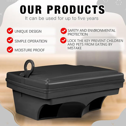 Qualirey 6 Pack Rat Bait Stations with 6 Keys Reusable Heavy Duty for Rodents Outdoor Mouse Poison Holder Large Station Traps for Mice Pests, Bait Not Included(Black)