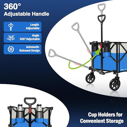 Moon Lence Collapsible Folding Wagon Cart Heavy Duty Folding Garden Portable Hand Cart with All-Terrain Beach Wheels, Adjustable Handle & Drink Holders (Blue & Ivory)