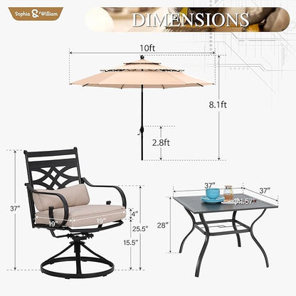 Sophia & William Swivel Patio Dining Set for 4 | 10ft Patio Umbrella Beige | Removable Seat Cushions | Black 37" Patio Dining Table
