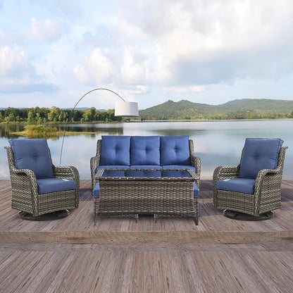 Rilyson 6 Piece Outdoor Patio Furniture Set - Rattan Wicker Patio Conversation Sets with 2 Swivel Rocker Chairs,2 Ottomans,1 Sofa and 1 Coffee Table for Outside Porch Deck Yard (Mixed Grey/Blue)