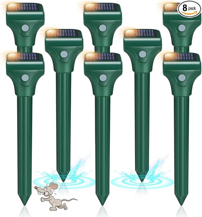 Mole Repellent Solar Powered, 8 Pack Ultrasonic Snake Repellent Outdoor, Waterproof Ultrasonic Mole Deterrent Stakes, Get Rid of Gopher, Vole, Skunk,Chipmunk, Snake Repellent for Yard, Garden, Lawn