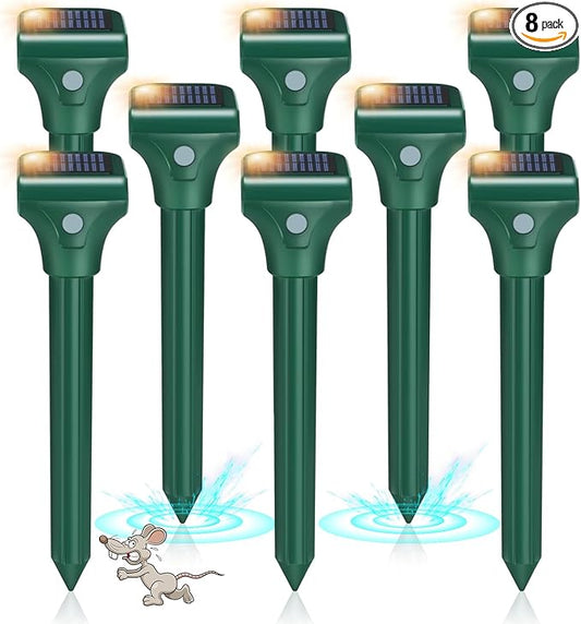 Mole Repellent Solar Powered, 8 Pack Ultrasonic Snake Repellent Outdoor, Waterproof Ultrasonic Mole Deterrent Stakes, Get Rid of Gopher, Vole, Skunk,Chipmunk, Snake Repellent for Yard, Garden, Lawn