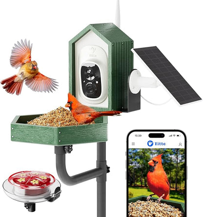 Kingsyard by Titto Solar Smart Bird Feeder with Camera, Bird Feeder Camera with AI Identify Birds Species & 2K HD Live View, Auto Capture Videos, Green (Pole Included)