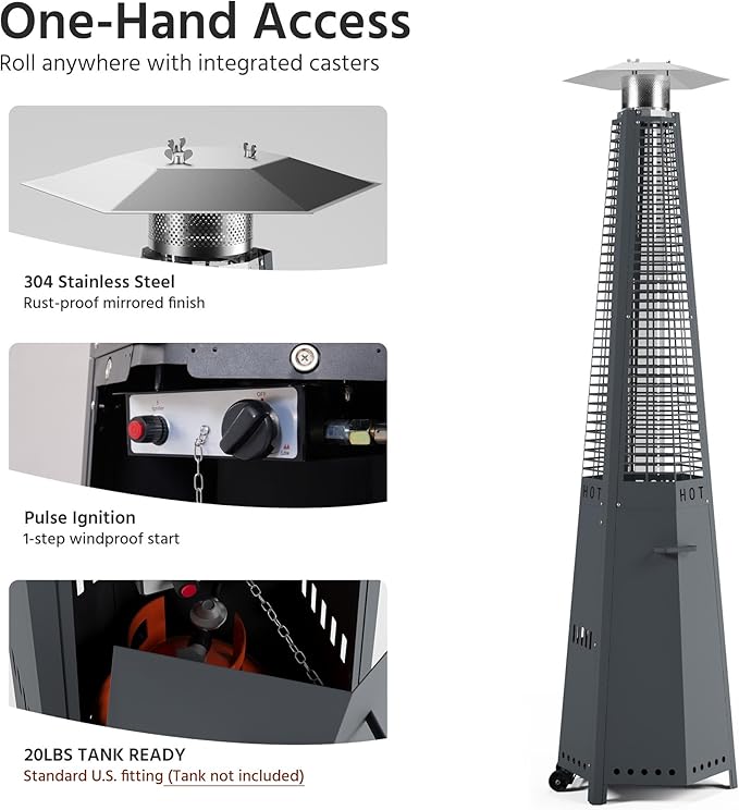 LAUSAINT HOME Hexagon Pyramid Patio Heater, 48,000 BTU Outdoor Patio Heater All Stainless Steel, Upgraded Quartz Glass Tube Propane Heater for Backyard Commercial, Tip-Over Protection, Cover & Wheels