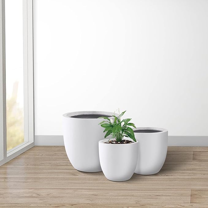Kante 20",16.5",13.4" Dia Round Concrete Planters (Set of 3), Outdoor Indoor Modern Decorative Plant Pots with Drainage Hole & Rubber Plug for Home & Garden, Pure White