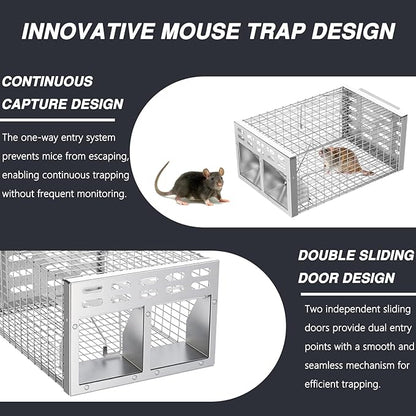 Rat Trap, Humane Live Rat Trap & Automatic Reset Mouse Traps with Dual One-Way Door Design – Catch and Release for Mice, Chipmunks, Hamsters, and Other Rodents, Indoors & Outdoors(Silver)