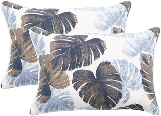 2 Pack Outdoor Throw Pillows 21x15 Inch Water-Resistant Decorative Pillow Cushions with Insert for Patio Garden Porch, Blue Leaves
