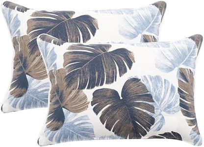 2 Pack Outdoor Throw Pillows 21x15 Inch Water-Resistant Decorative Pillow Cushions with Insert for Patio Garden Porch, Blue Leaves