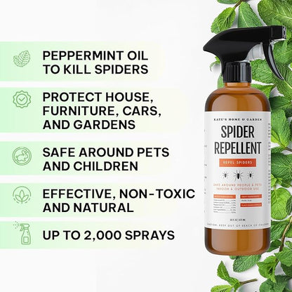 Kate's Home & Garden Spider Repellent Indoor. All Natural Peppermint Oil Spray for Spiders & Outdoor (16oz, Non Toxic Pesticide & Insecticide, Pet Safe)