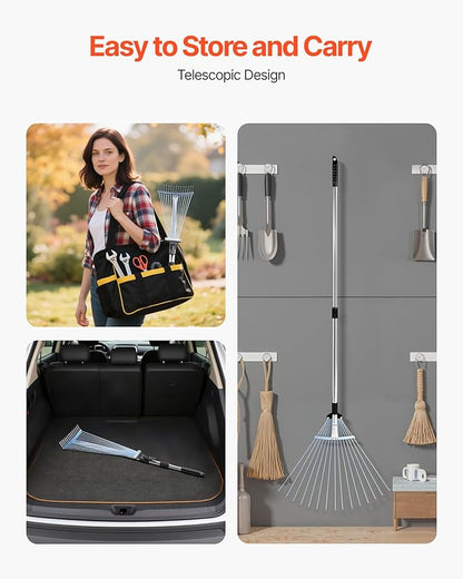 VEVOR Leaf Rake, 15 Metal Tines, Adjustable Garden Rake for Lawns with 7.5-22.4 Inch Wide Head & 32-63 Inch Long Handle, Heavy Duty Stainless Steel Small Leaves Tool for Gardening Camping Yard Grass
