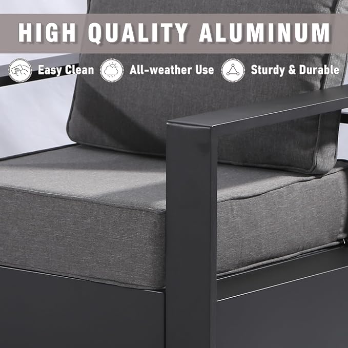 Aluminum Patio Sofa - 3-Seater Outdoor Sofa with 6" Thick Water-insistant Cushions, All-Weather Use Frame, Removable Cover, Ideal for Garden, Poolside (Grey)