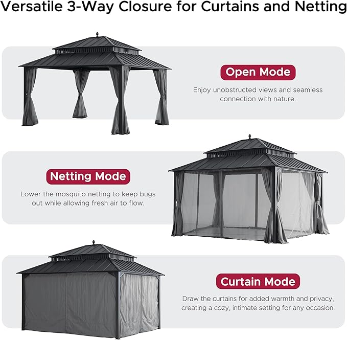 SUNJOY Kingston 14' x 12' Hardtop Gazebo with Galvanized Steel Double Roof, Curtain and Netting, Gray Aluminum Posts Permanent Pavilion Gazebo for Garden, Patio, Deck, Lawn