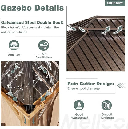 MELLCOM 12'x16' Hardtop Gazebo, Wood Grain Aluminum Frame Outdoor Gazebo with Double Galvanized Steel Roof, Permanent Metal Pavilion with Curtains and Nettings for Patio, Backyard, Deck and Lawns